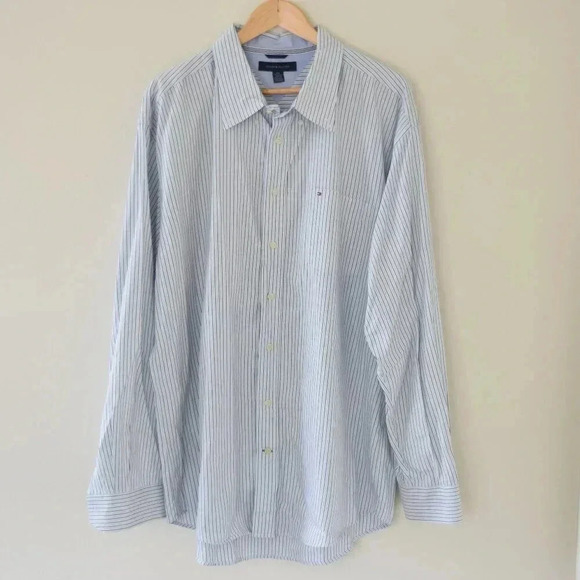 TOMMY HILFIGER Long Sleeve Button Down Shirt with Stripes White Navy Light Blue - Picture 1 of 8